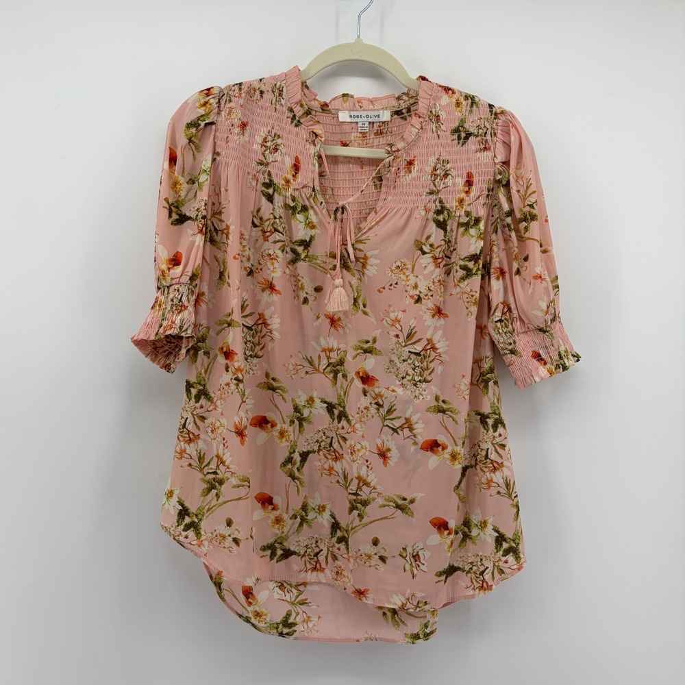 Rose + Olive Womens XS Pink Floral Blouse Smocked Boho Tassel Tie Puff Sleeve